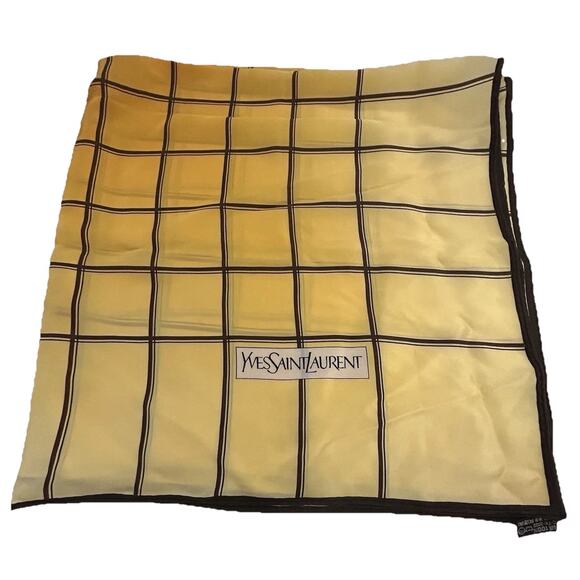 Yves Saint Laurent YSL Retro Silk Scarf Yellow Brown Geometric 30” LOGO Vintage - Picture 2 of 13